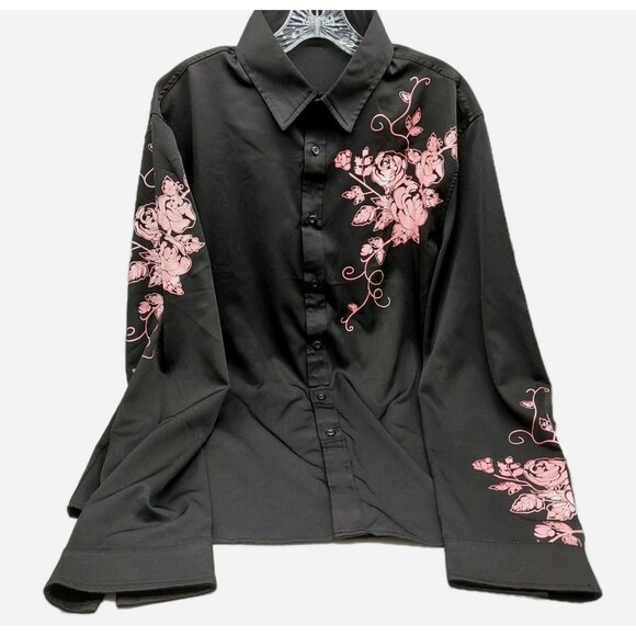 Zeroyaa Shirt Size Large Black Button Down Shirt Pink Floral Design Cowboy NWT - Picture 1 of 12